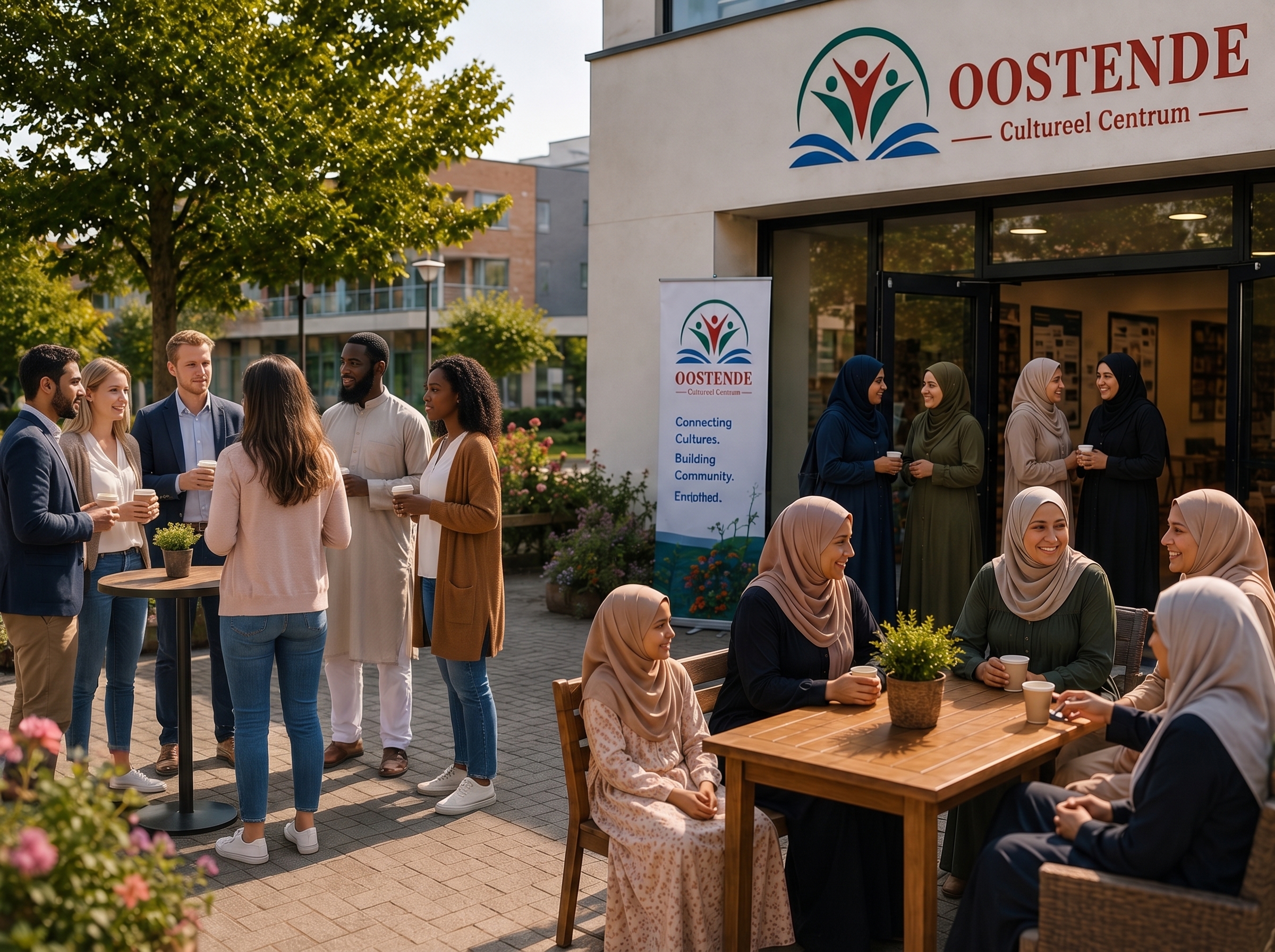 Leden van de gemeenschap buiten het Oostende Cultureel Centrum