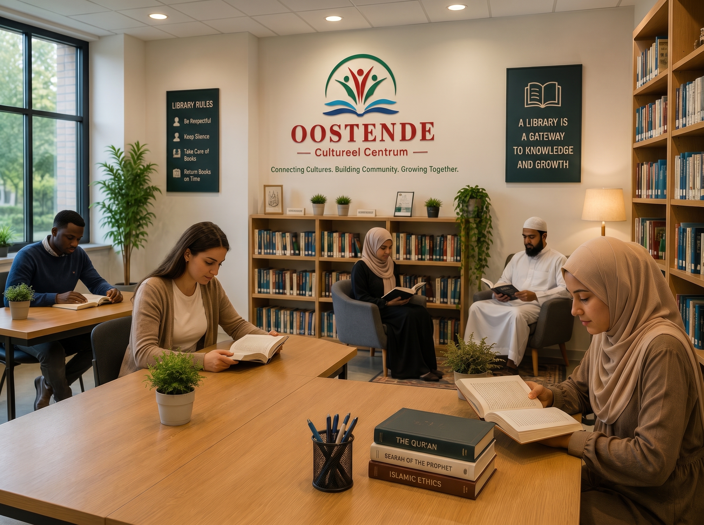 Bezoekers studeren in de bibliotheek van het Oostende Cultureel Centrum